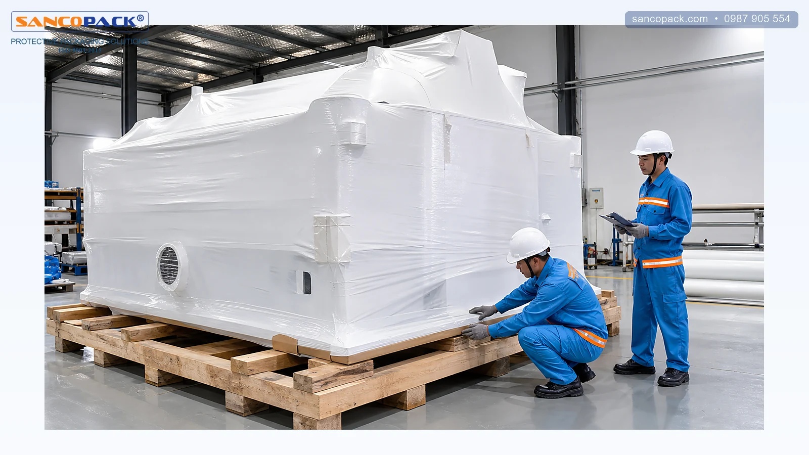 Máy công nghiệp được bọc màng co trắng trên bệ gỗ với công nhân Sancopack kiểm tra