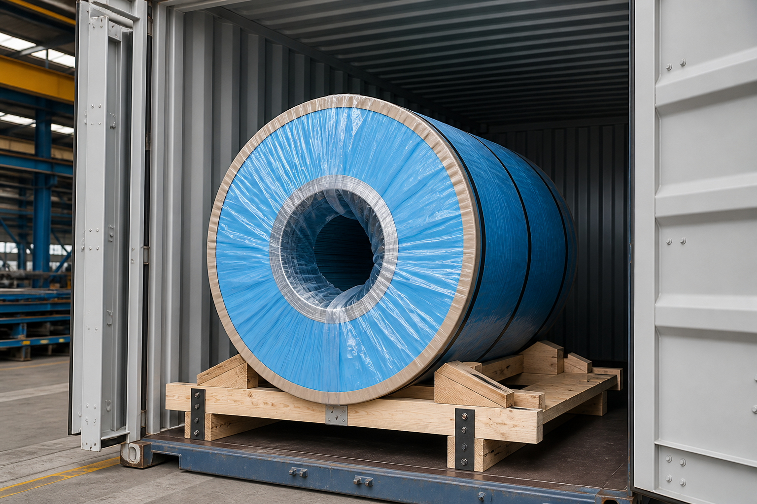 Steel coil protected against corrosion for ocean transport