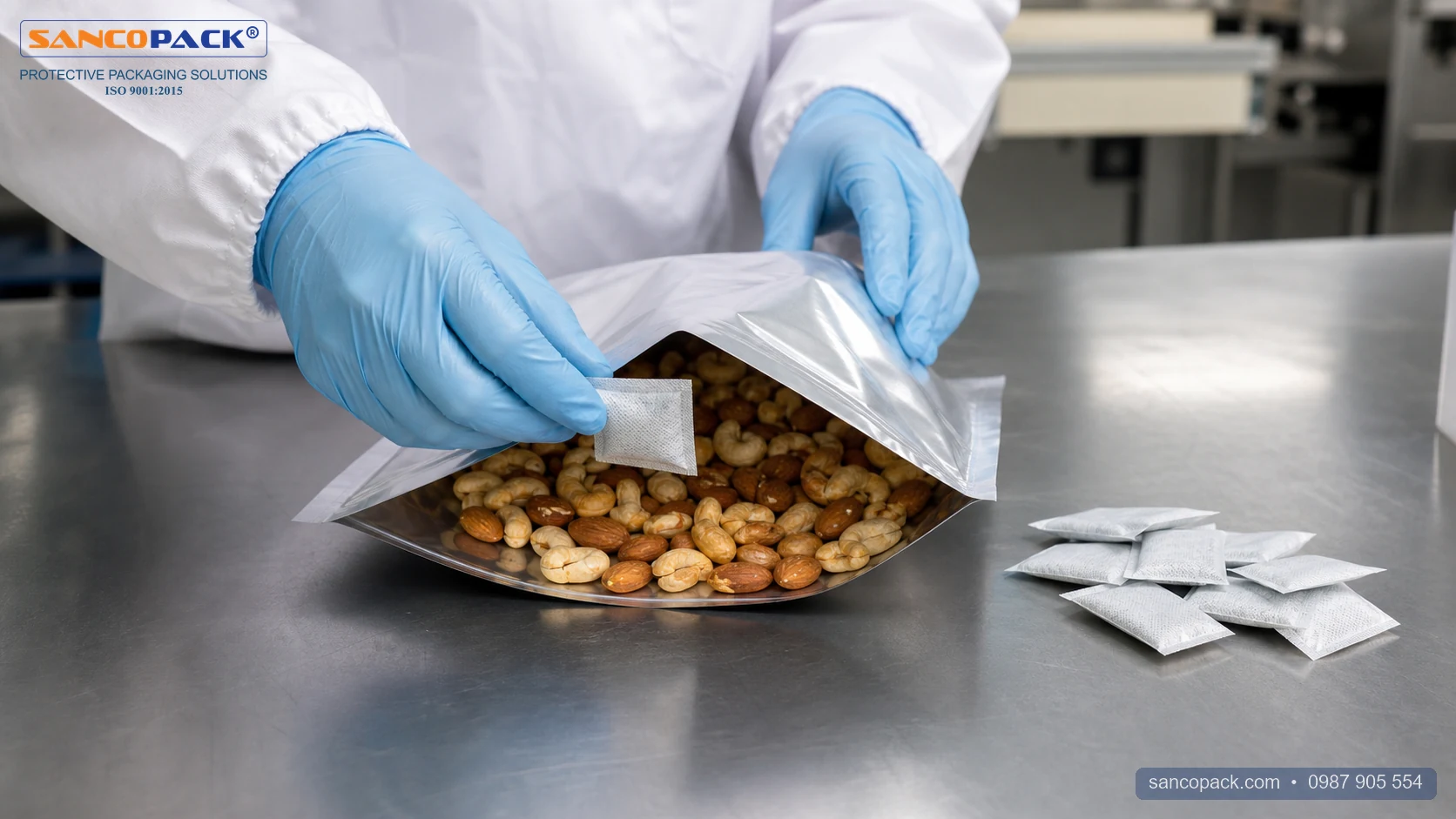 衛生手袋を着用した作業者が食品パウチに脱酸素剤を入れている様子