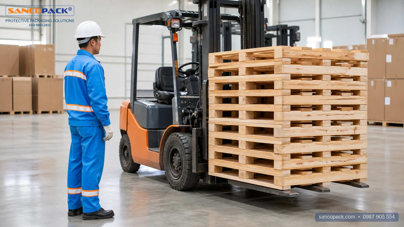 保護具を着用したSancopackスタッフが倉庫で木製パレットを確認している様子