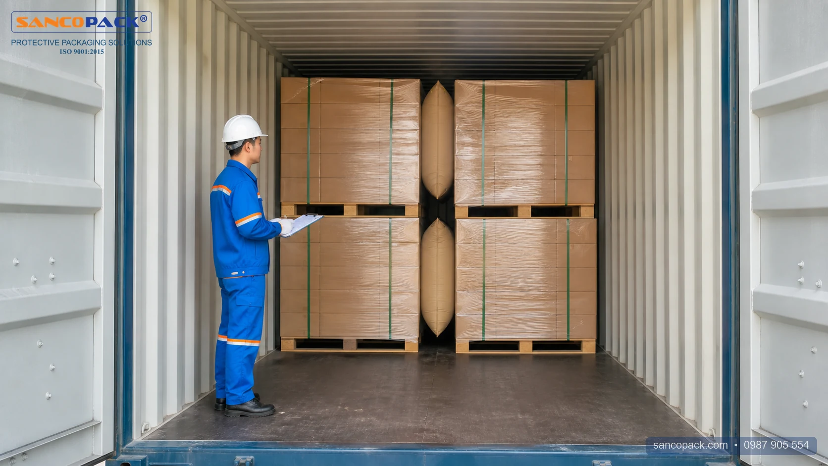 Nhân sự Sancopack kiểm tra chằng buộc hàng hóa trong container với trang bị bảo hộ
