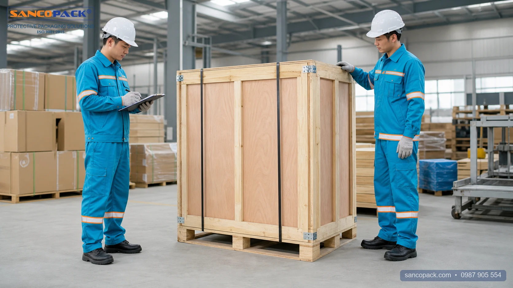 Nhân sự Sancopack kiểm tra thùng gỗ và kiện hàng với đầy đủ trang bị bảo hộ