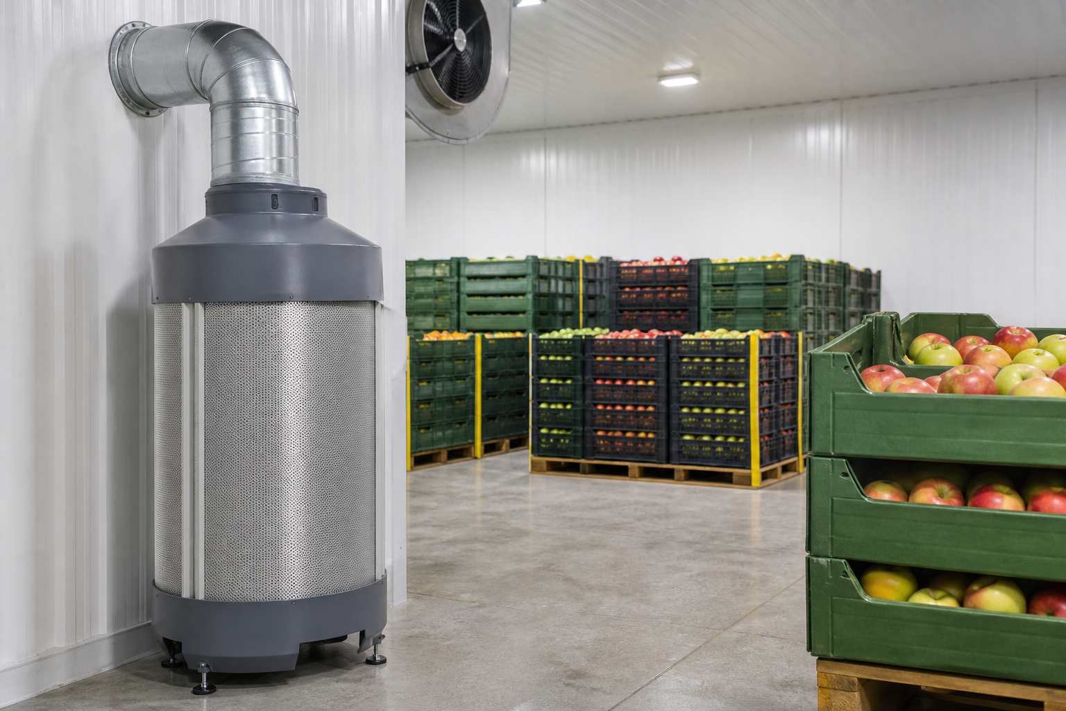 Ethylene-control equipment operating in a fresh-produce cold room
