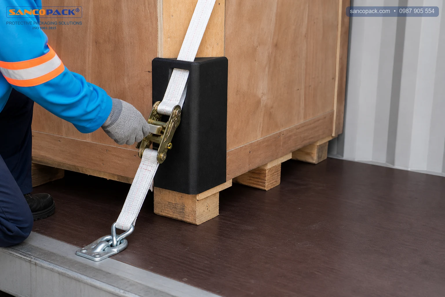 Close view of a composite strap ratchet with edge protection and a container floor anchor