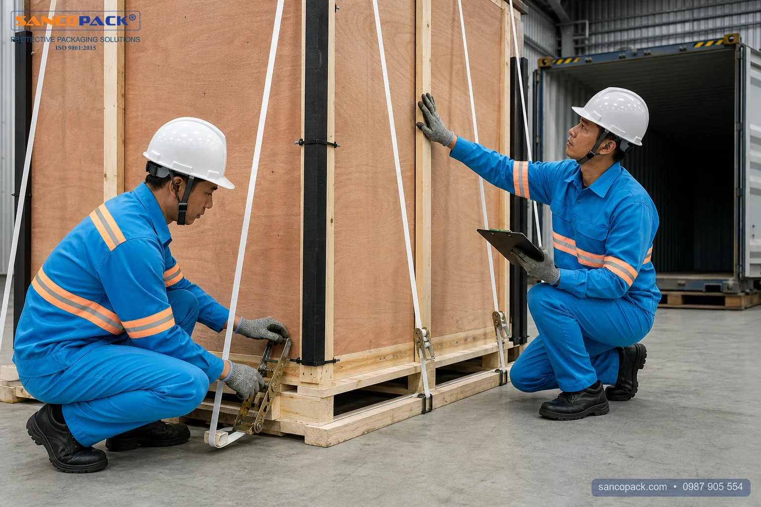 Technicians inspect ratchet tensioners and edge protection on an export wooden crate