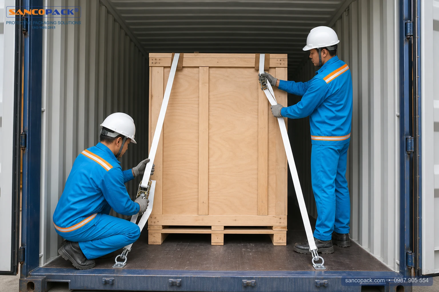 Kỹ thuật viên chằng buộc kiện gỗ xuất khẩu trong container bằng dây đai composite