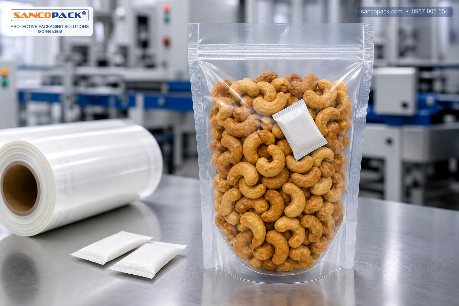Gói hút oxy đặt trong túi hạt điều kín trên dây chuyền bao bì thực phẩm