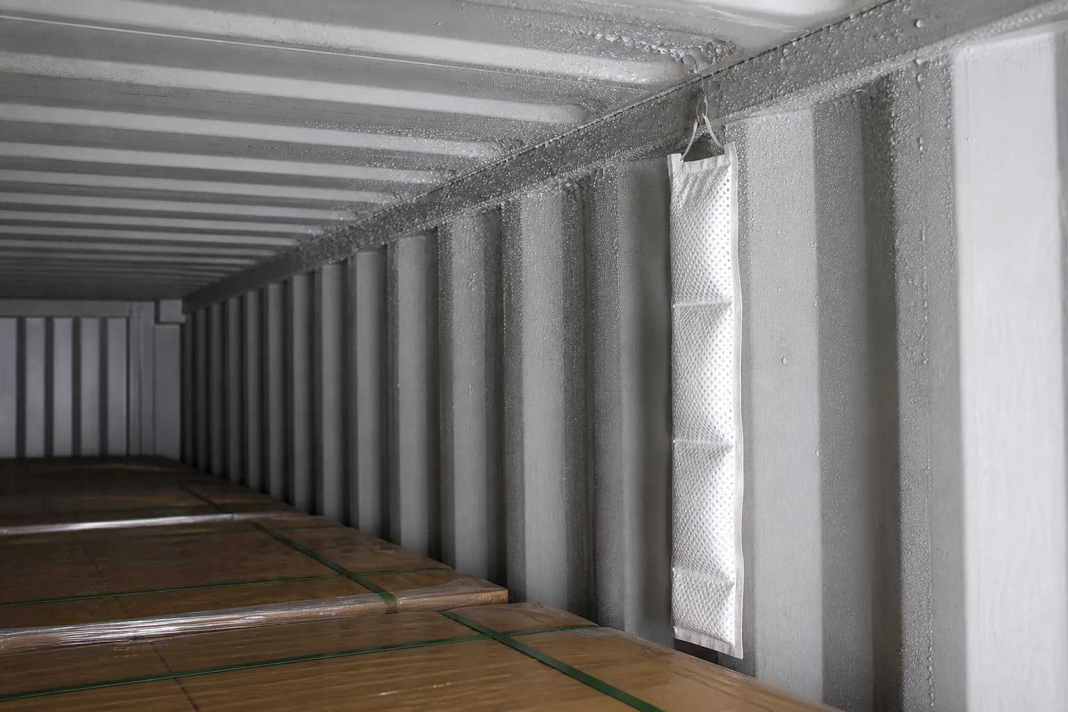 Condensation on the roof and walls of a freight container near cartons
