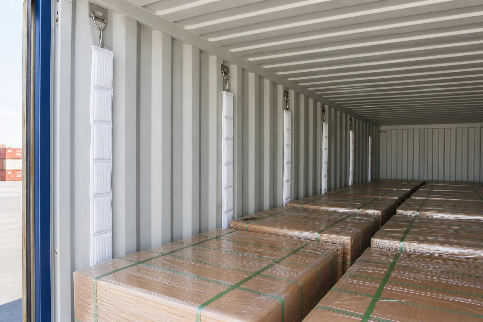 Long hanging container desiccant strips beside palletised export cartons