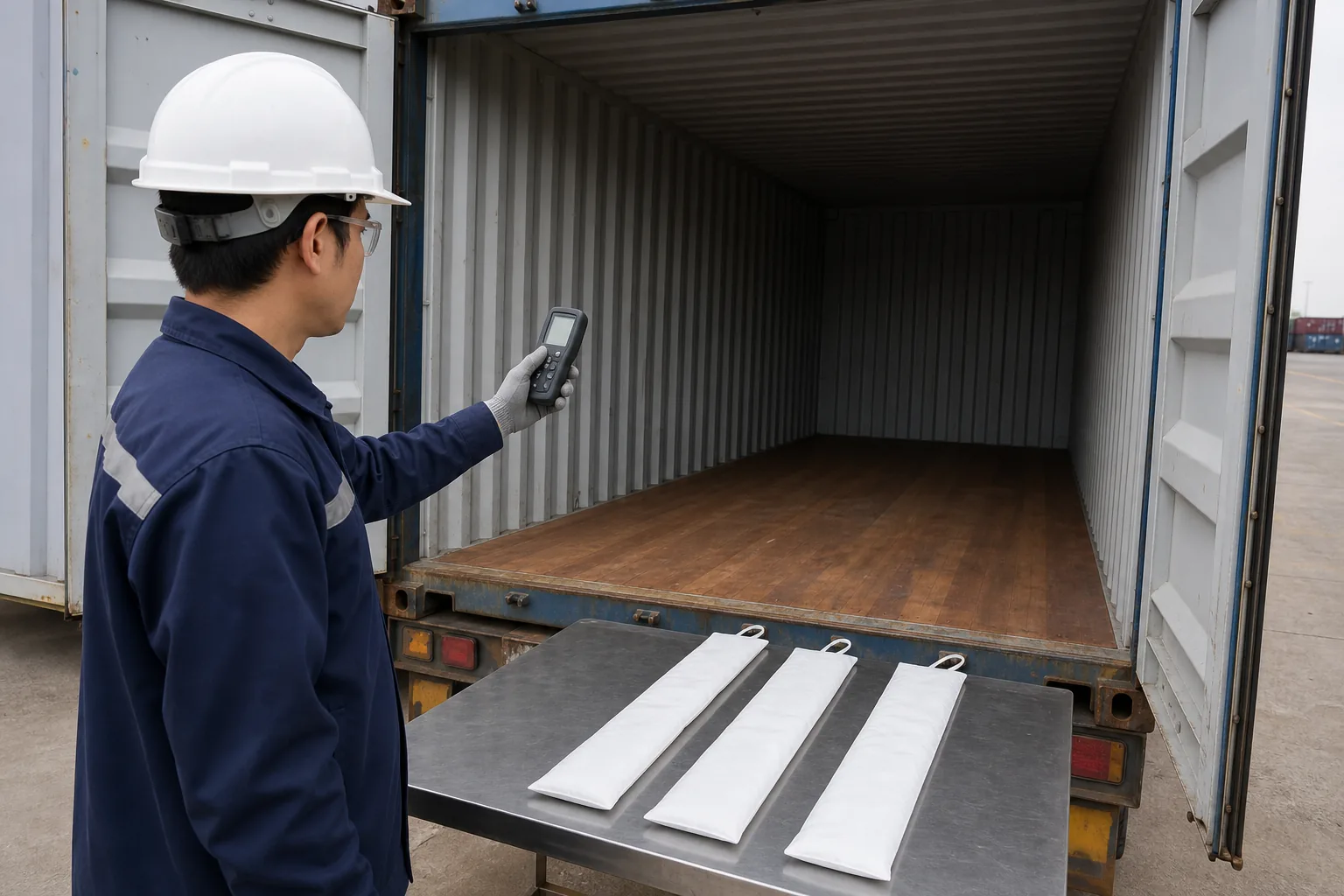Pre-loading inspection of a container and hanging desiccant strips