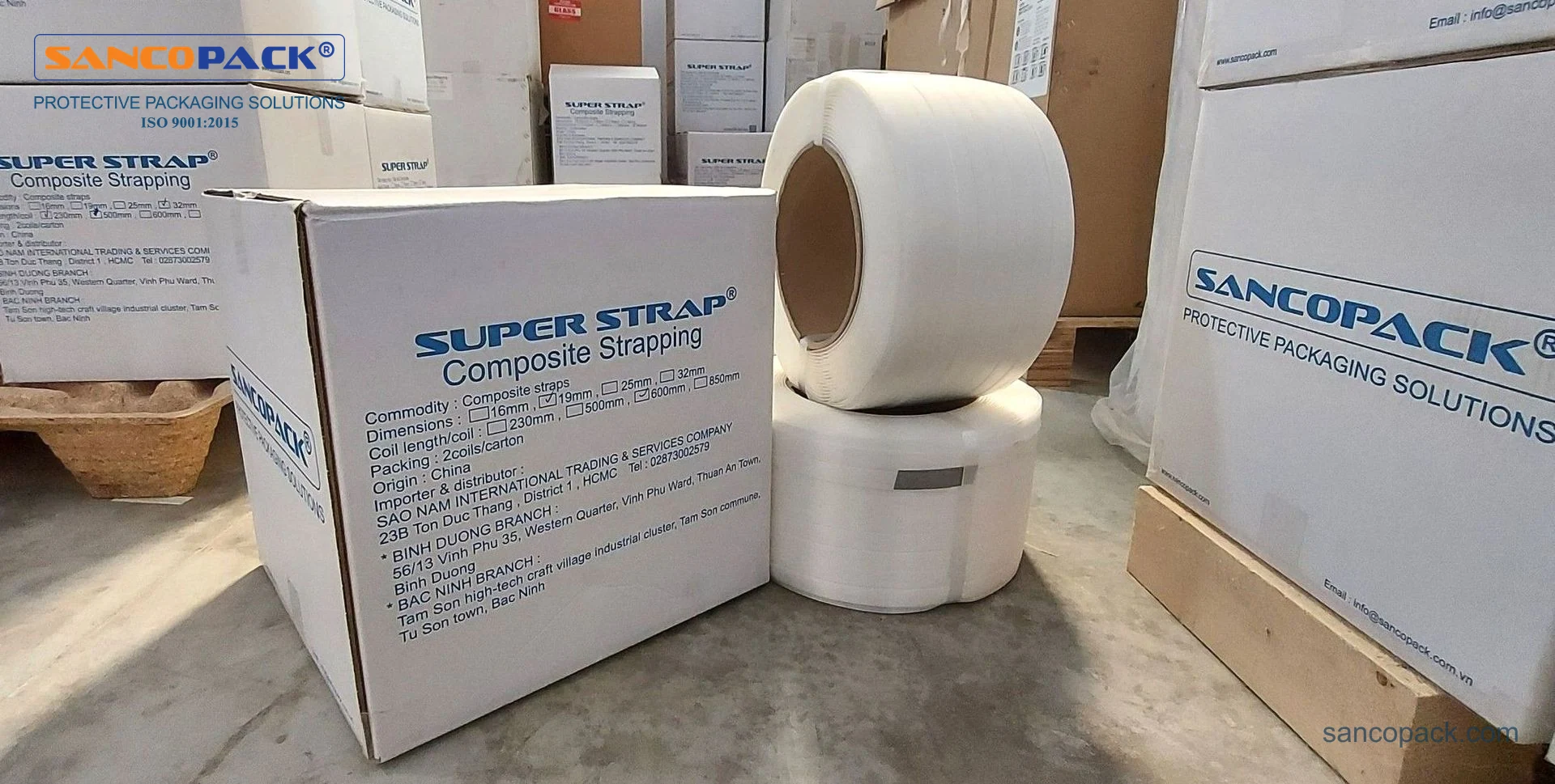 Cuộn dây đai composite Super Strap và thùng sản phẩm tại kho