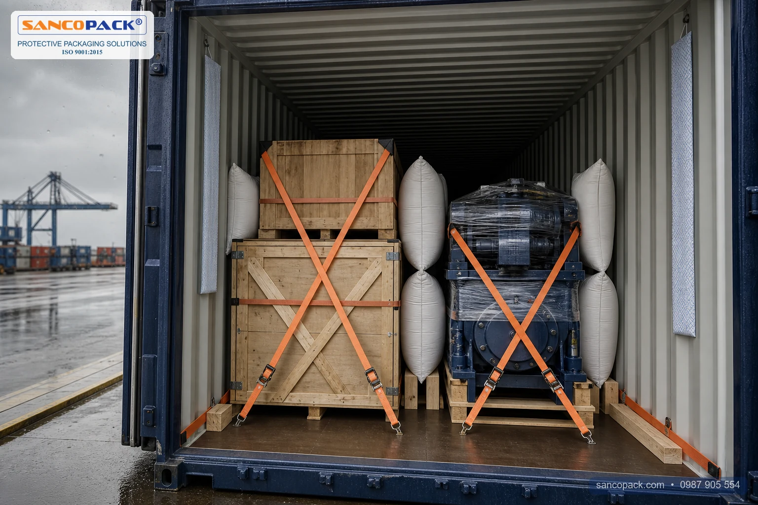 Kiện gỗ và máy móc được bảo vệ bằng dây chằng, túi khí chèn hàng và thanh hút ẩm trong container đường biển
