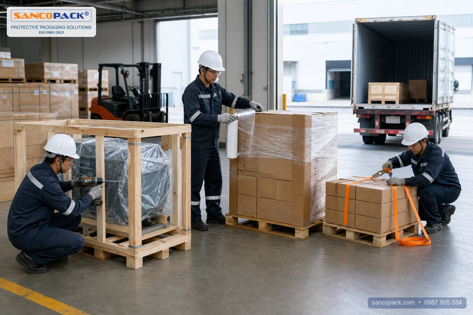Kỹ thuật viên đóng kiện gỗ, quấn màng và chằng dây cho hàng hóa trong quy trình logistics