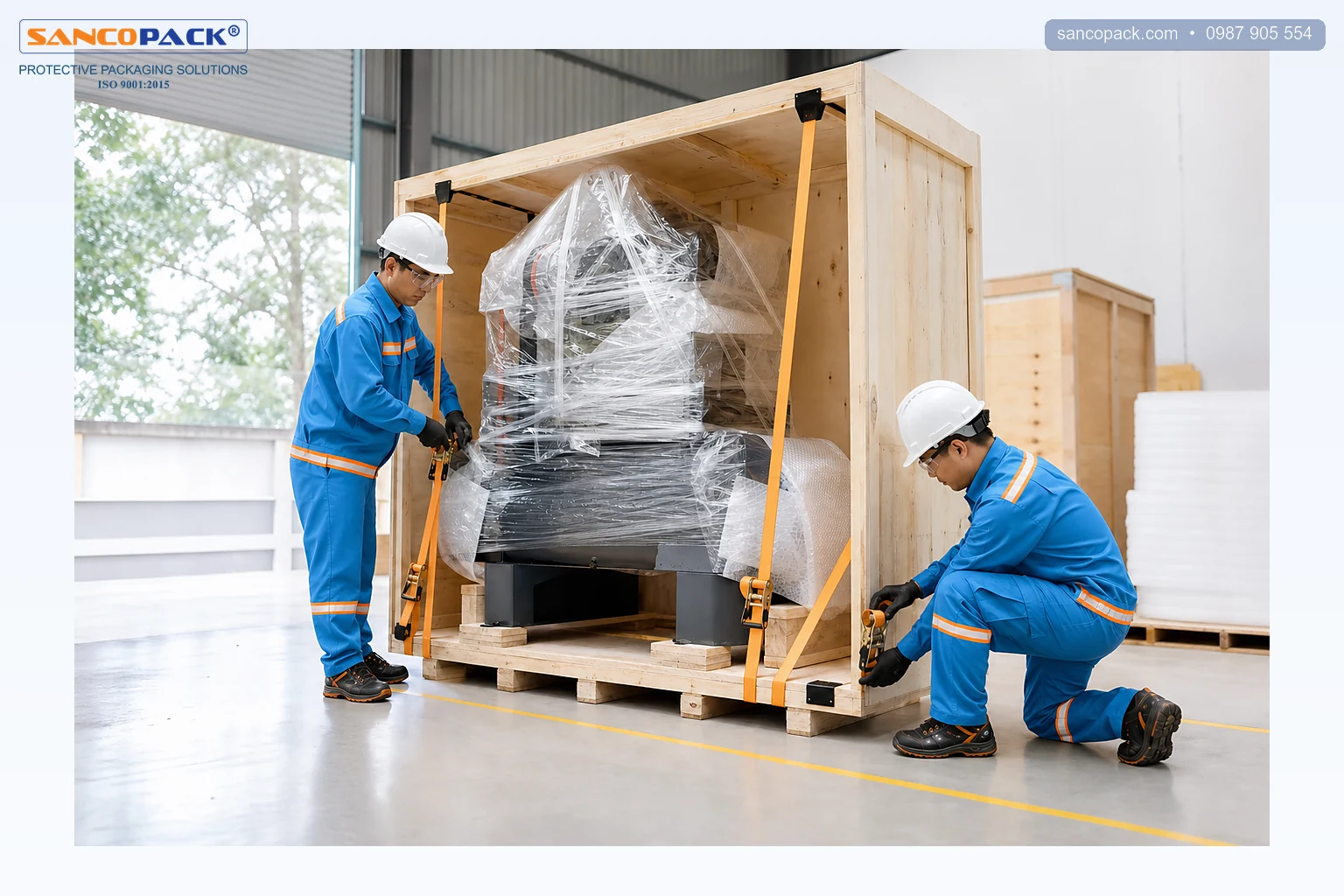 Kỹ thuật viên mang đầy đủ bảo hộ đóng kiện gỗ, quấn màng và chằng dây cho máy móc xuất khẩu